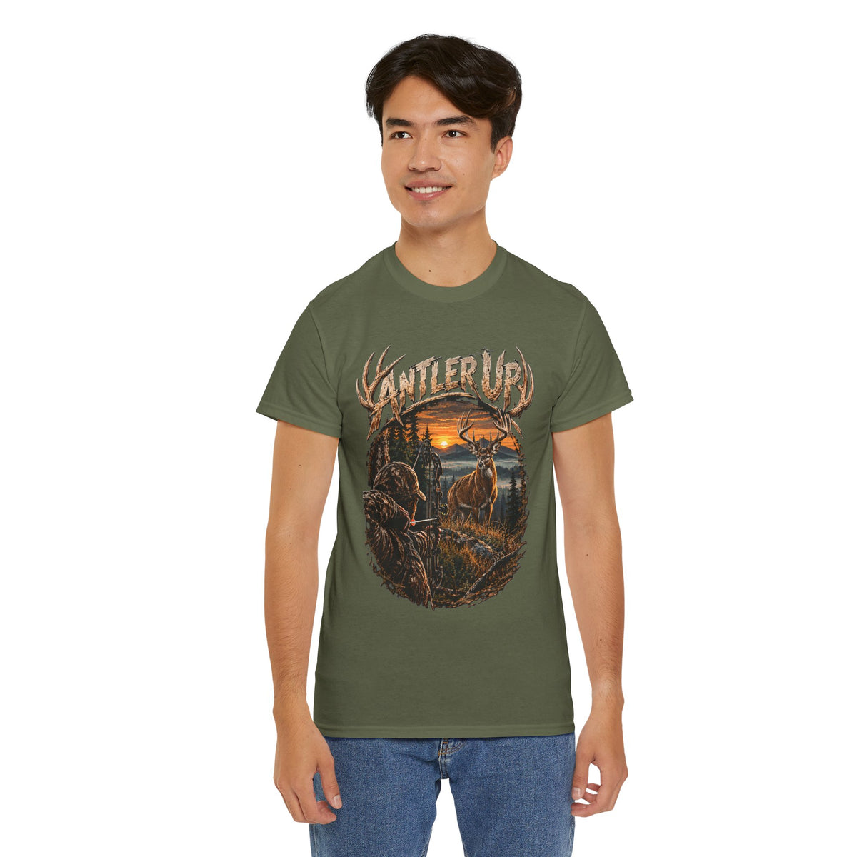 T-shirt Antler Up Deer Sunset | Scène de chasse, cerf en forêt
