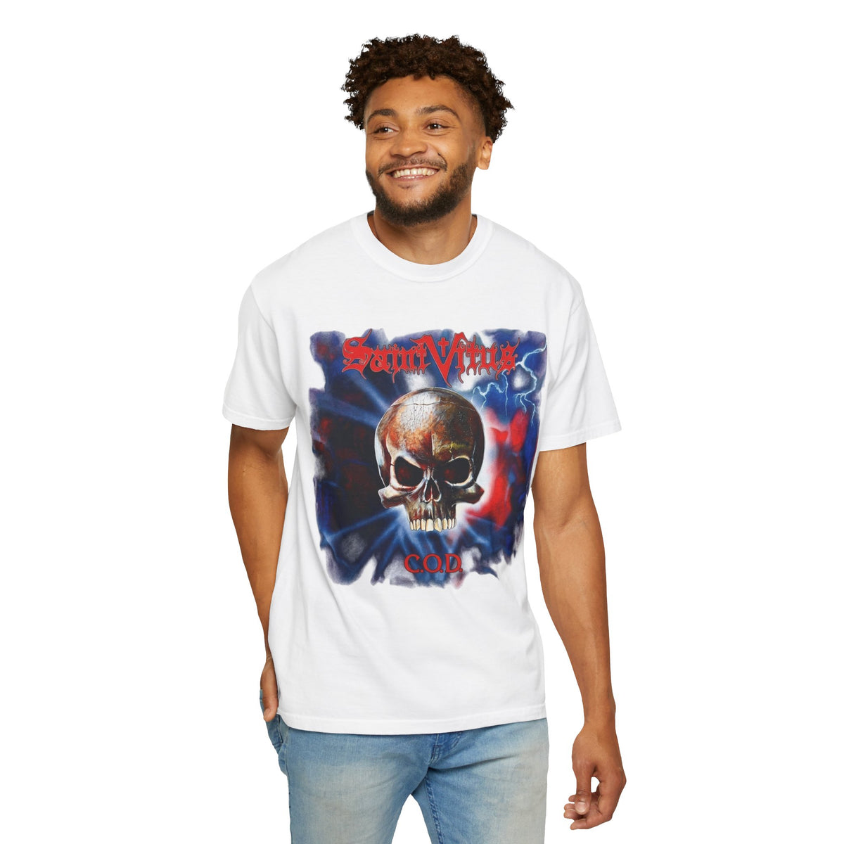 Saint Vitus Skull Graphic T-Shirt - Red Blue Gothic Artwork / Doom Metal Band Tee
