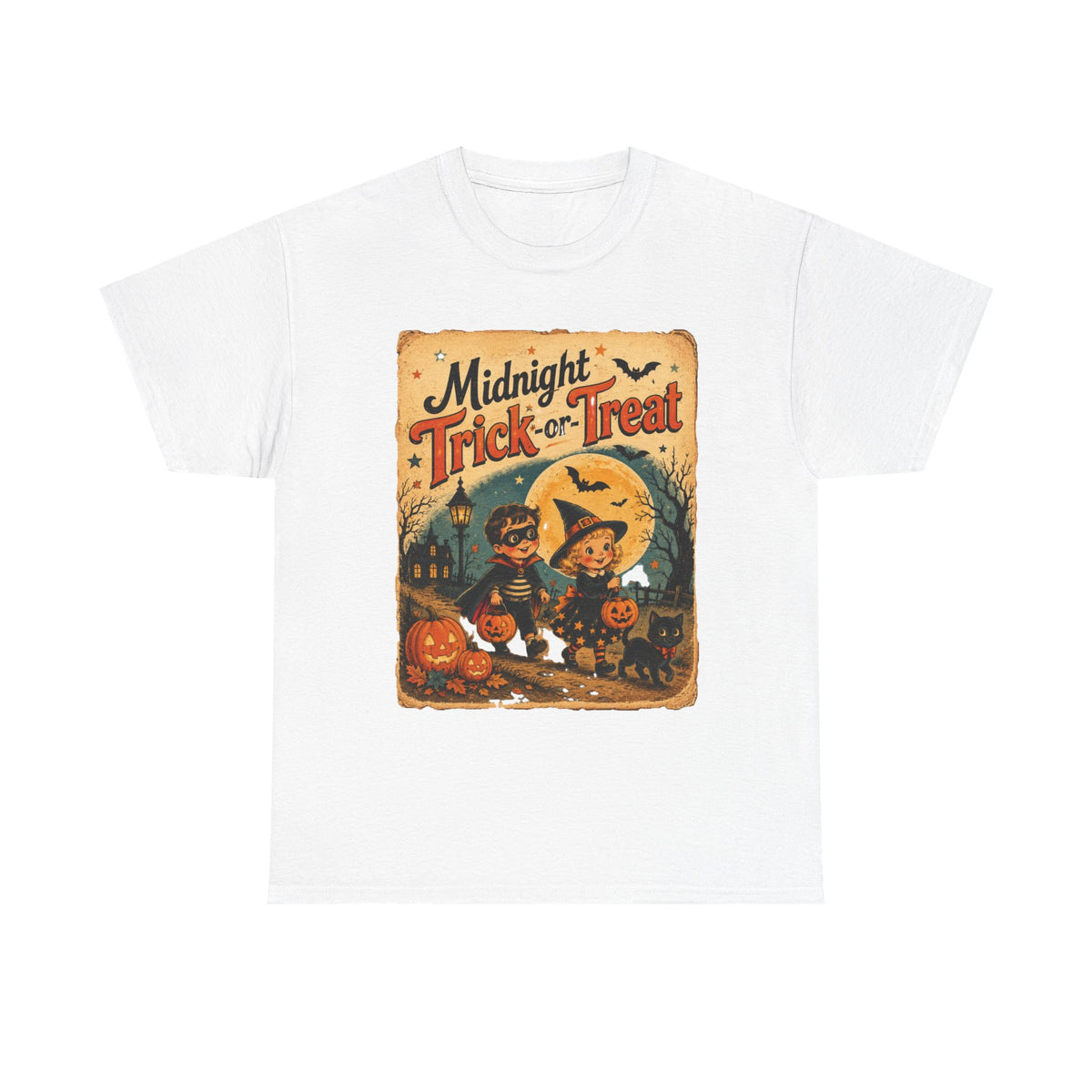 Camiseta de Halloween para niños "Midnight Trick-or-Treat" | Diseño vintage de gato y calabaza
