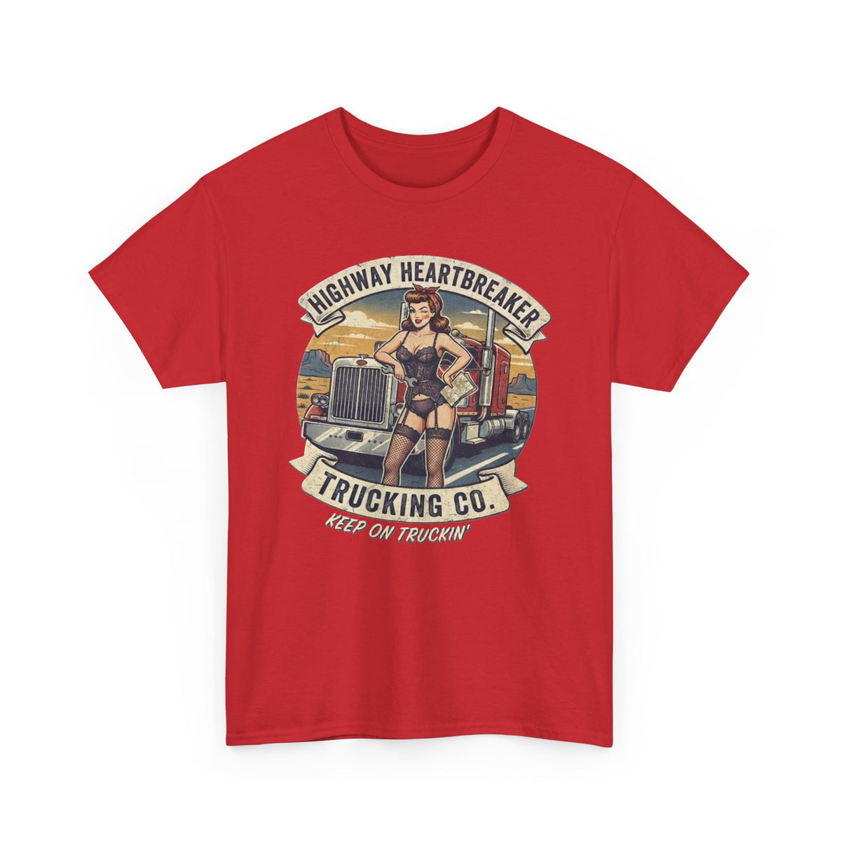 Highway Heartbreaker Trucking Co pinup girl T-Shirt | Trucker Rig Vintage Badge