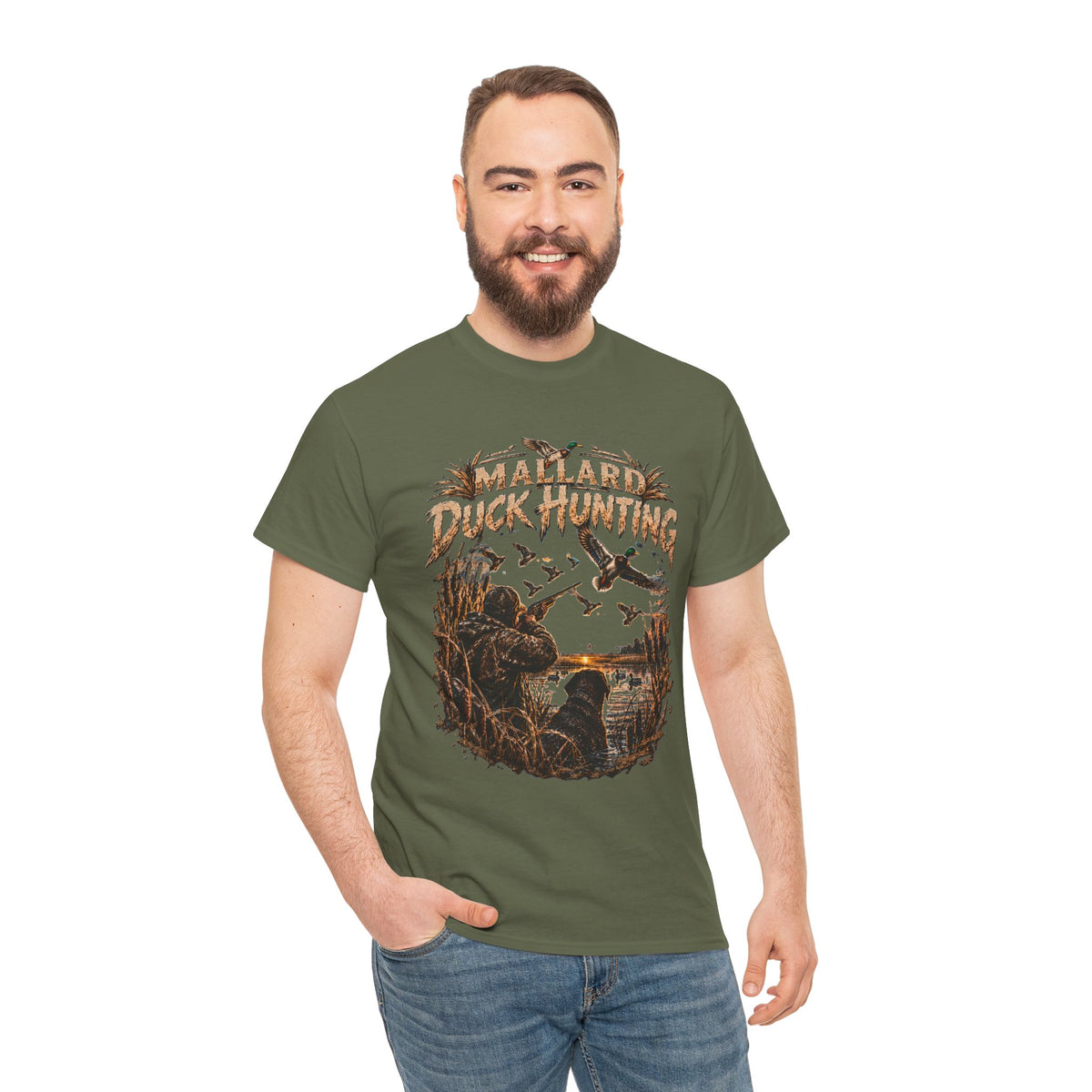 Camiseta de caza de pato azulón | Escena vintage de aves acuáticas, silueta de pantano