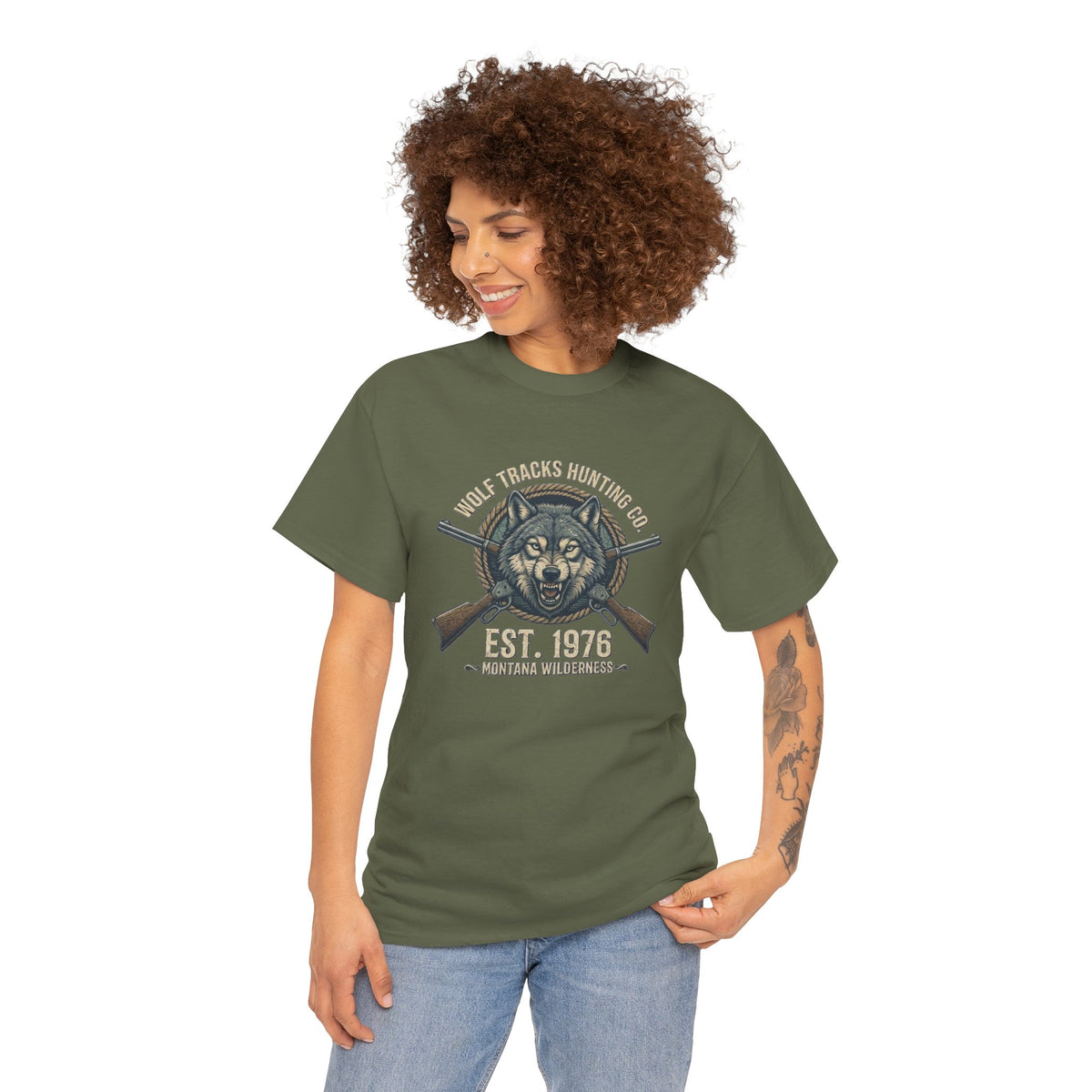 Wolf Head with Crossed Rifles T-Shirt | Hunting Club EST. 1976
