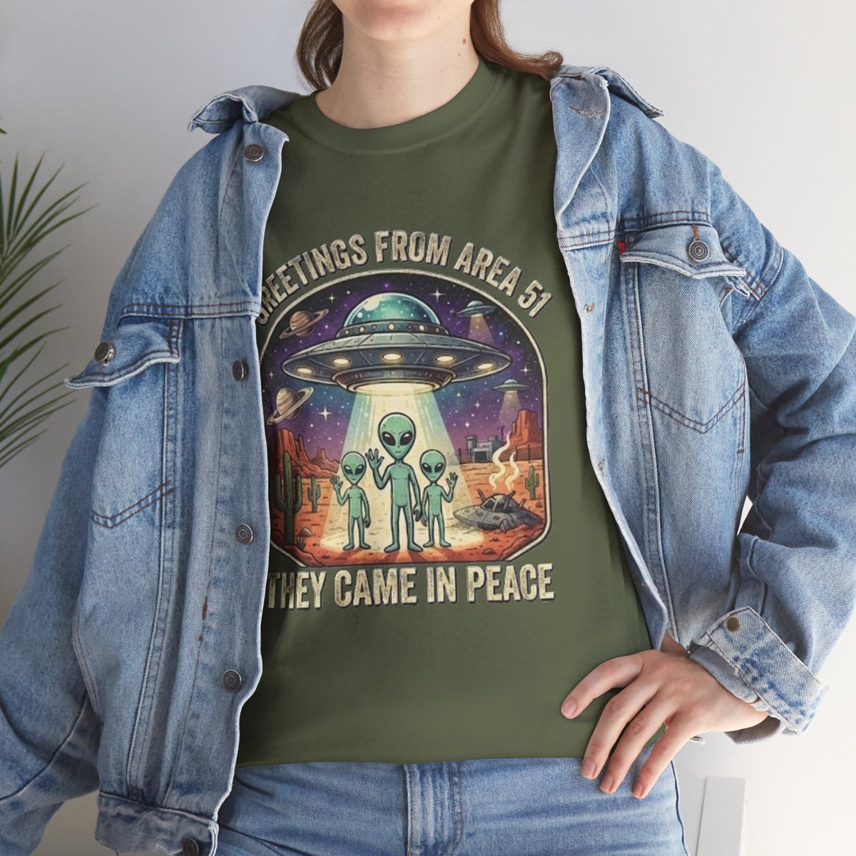 Greetings From Area 51 They Came In Peace Tee | Alien UFO Desert Scene