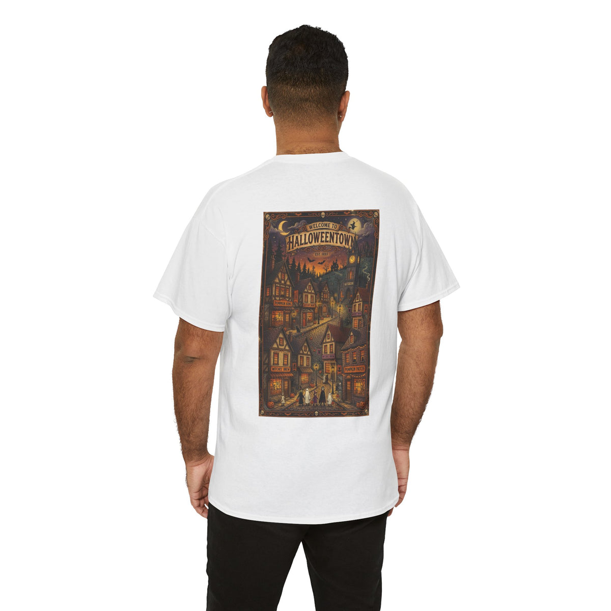 Halloweentown Illustration Double Sided T-Shirt | Spooky Village Nightscape