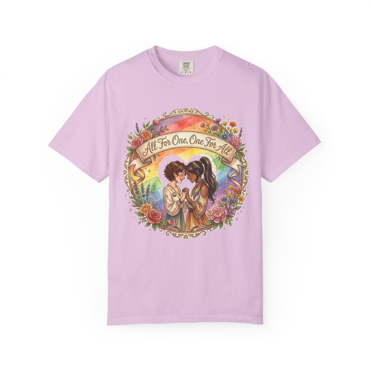 T-shirt Fierté LGBTQ « Tous pour un, un pour tous » | Illustration d'amour, motif de cœur floral