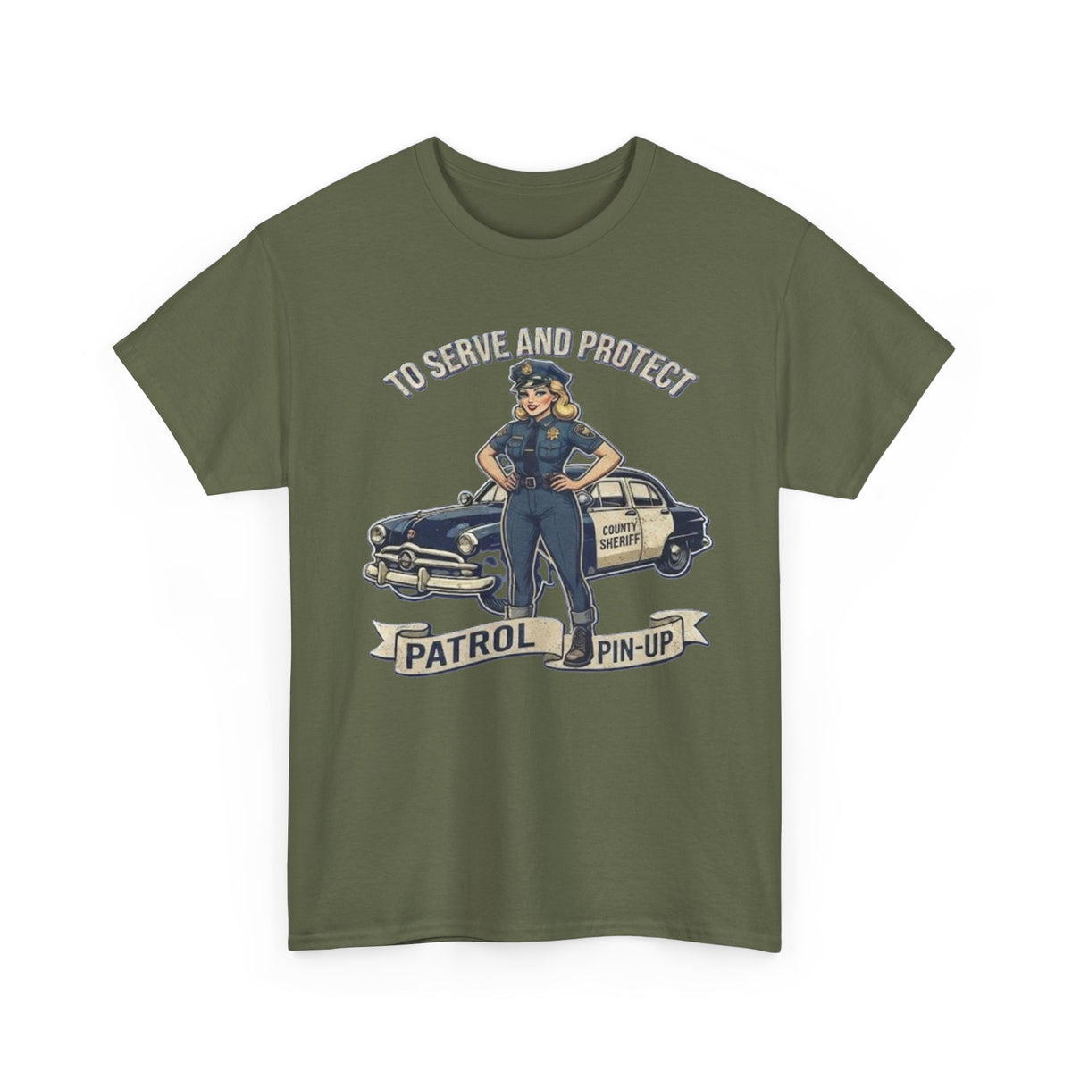 Patrol Pin-Up Policewoman T-Shirt | To Serve and Protect Vintage Car Design