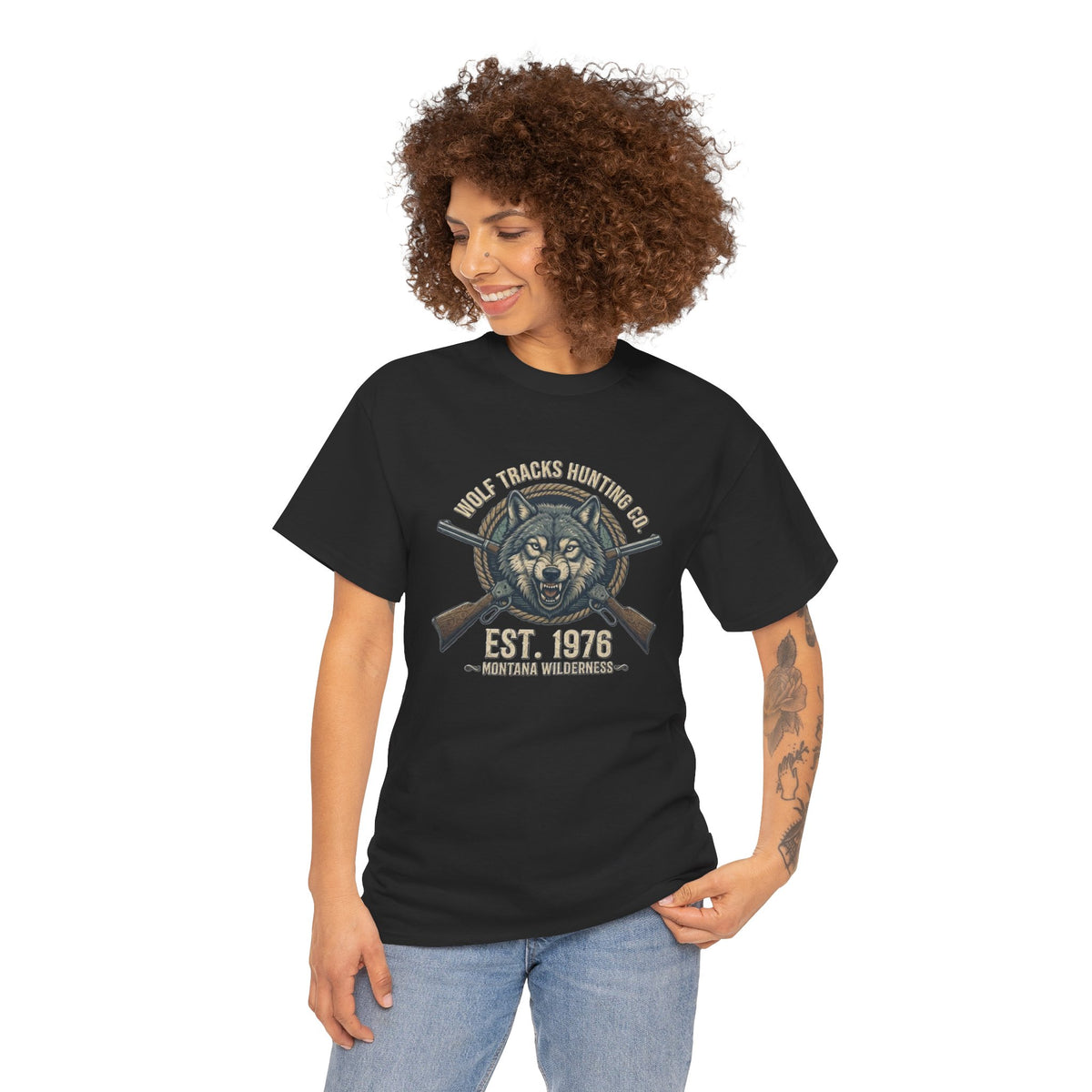 Wolf Head with Crossed Rifles T-Shirt | Hunting Club EST. 1976