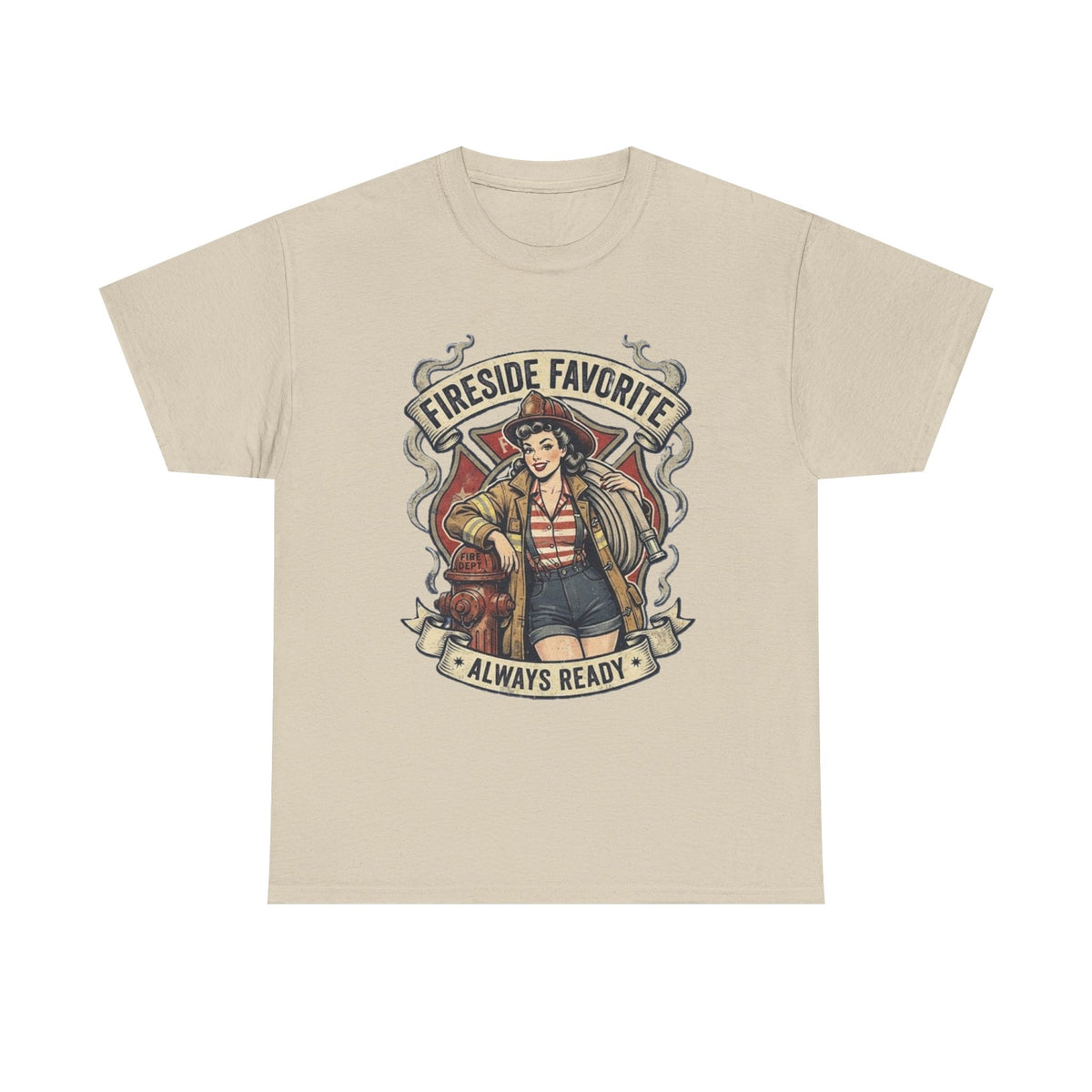 Fireside Favorite Pinup Firefighter Tee | Always Ready vintage badge