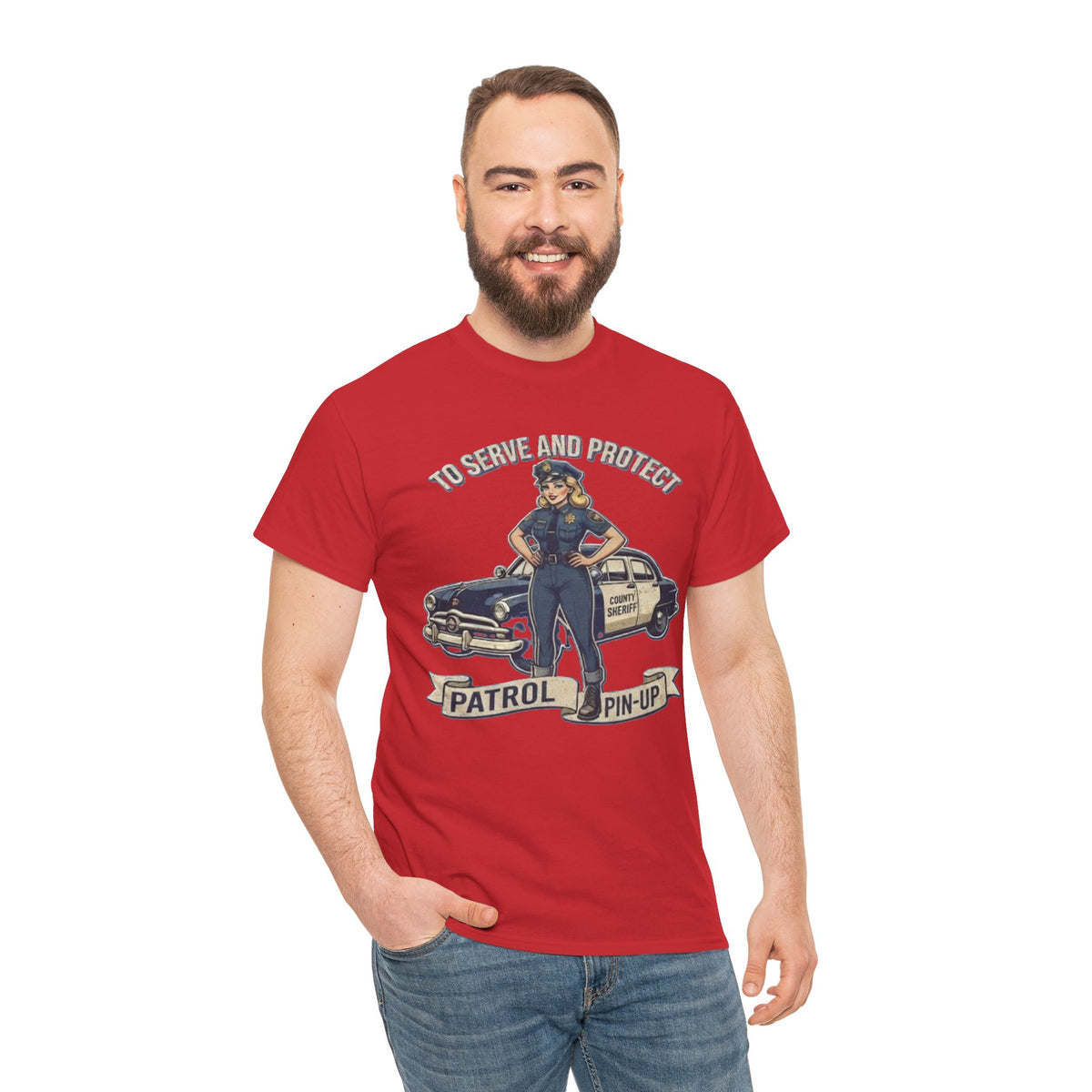 Patrol Pin-Up Policewoman T-Shirt | To Serve and Protect Vintage Car Design