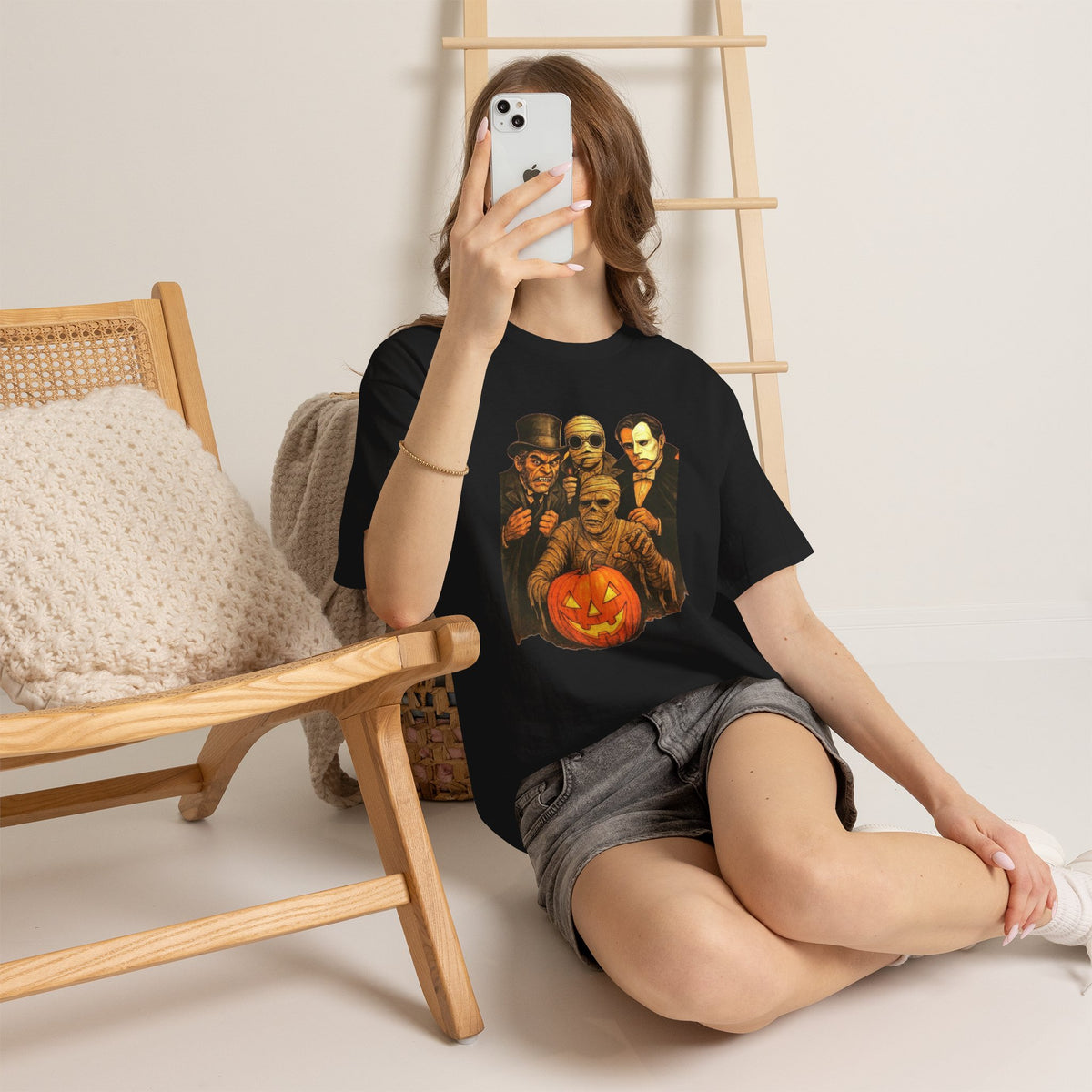 T-shirt Monstres classiques de l'horreur avec lanterne Jack-O'-Lantern | T-shirt équipe des monstres d'Halloween