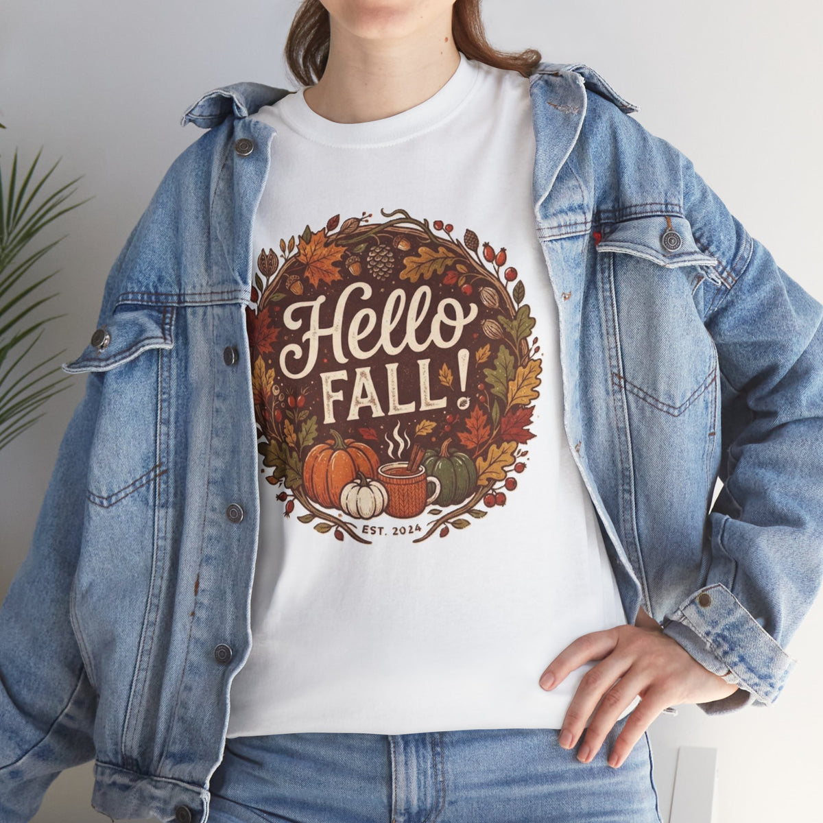 Hello Fall wreath Tee | Autumn pumpkins, leaves, cozy fall design