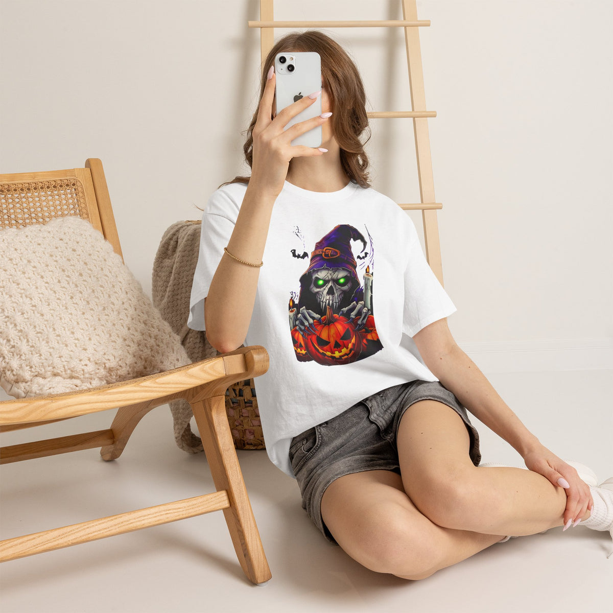 Grinning Skull Witch with Jack-O'-Lantern Tee | Halloween Skull Shirt