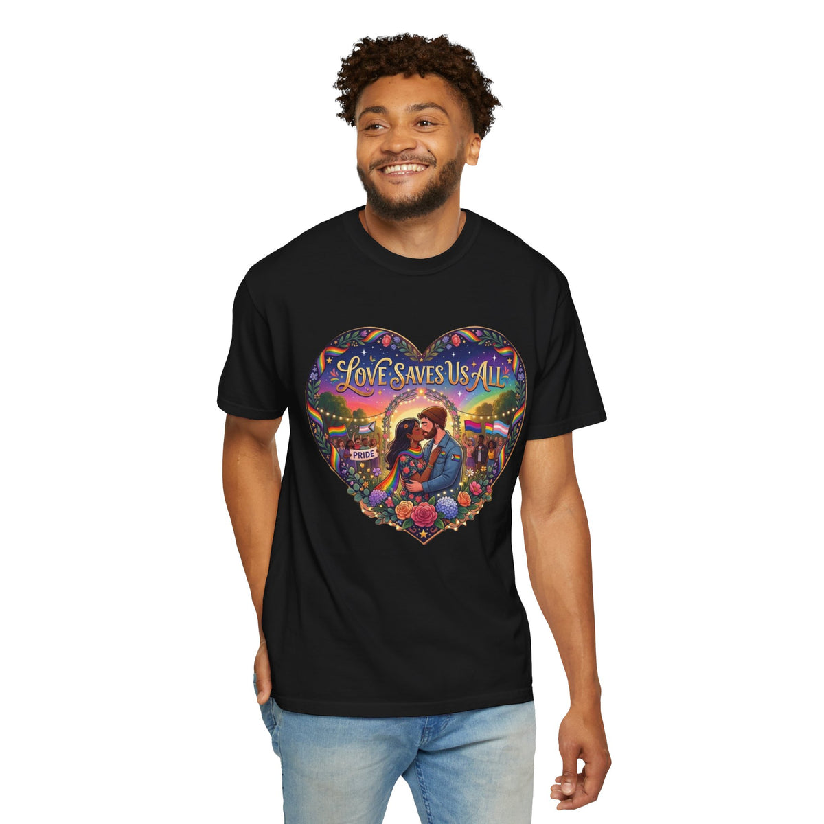 Love Saves Us All heart illustration LGBTQ T-shirt | Romantic couple, colorful sunset graphic scene tee
