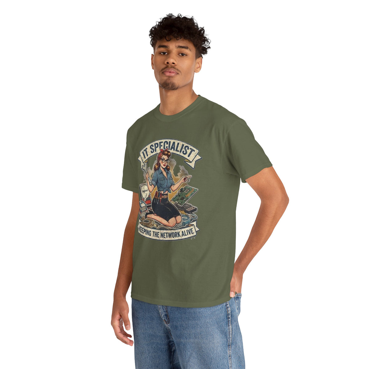 IT Specialist pinup graphic tee | T-Shirt, Keeping the Network Alive design