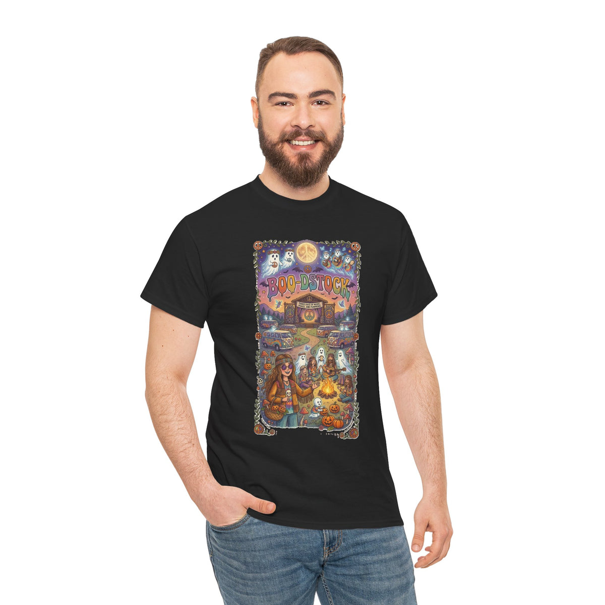 T-shirt d'Halloween hippie Boo-dstock | Tee-shirt d'Halloween effrayant hippie
