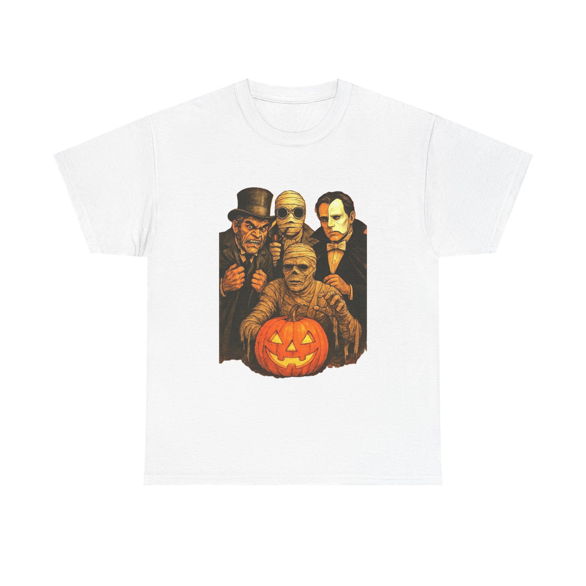 T-shirt Monstres classiques de l'horreur avec lanterne Jack-O'-Lantern | T-shirt équipe des monstres d'Halloween