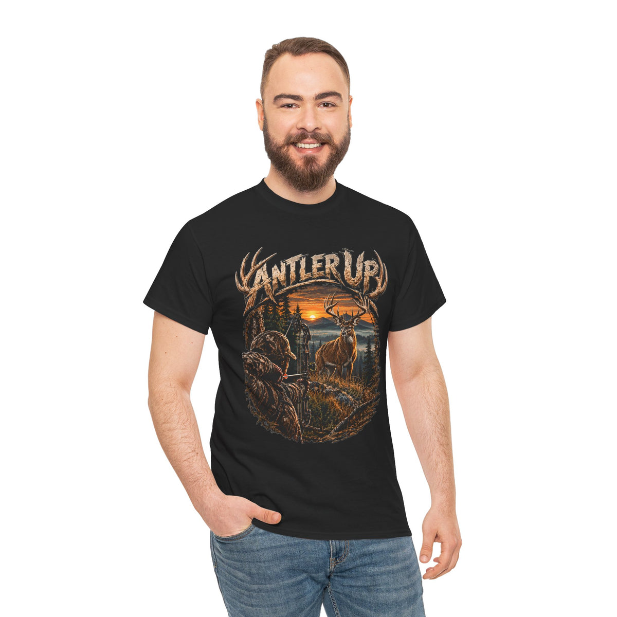 T-shirt Antler Up Deer Sunset | Scène de chasse, cerf en forêt
