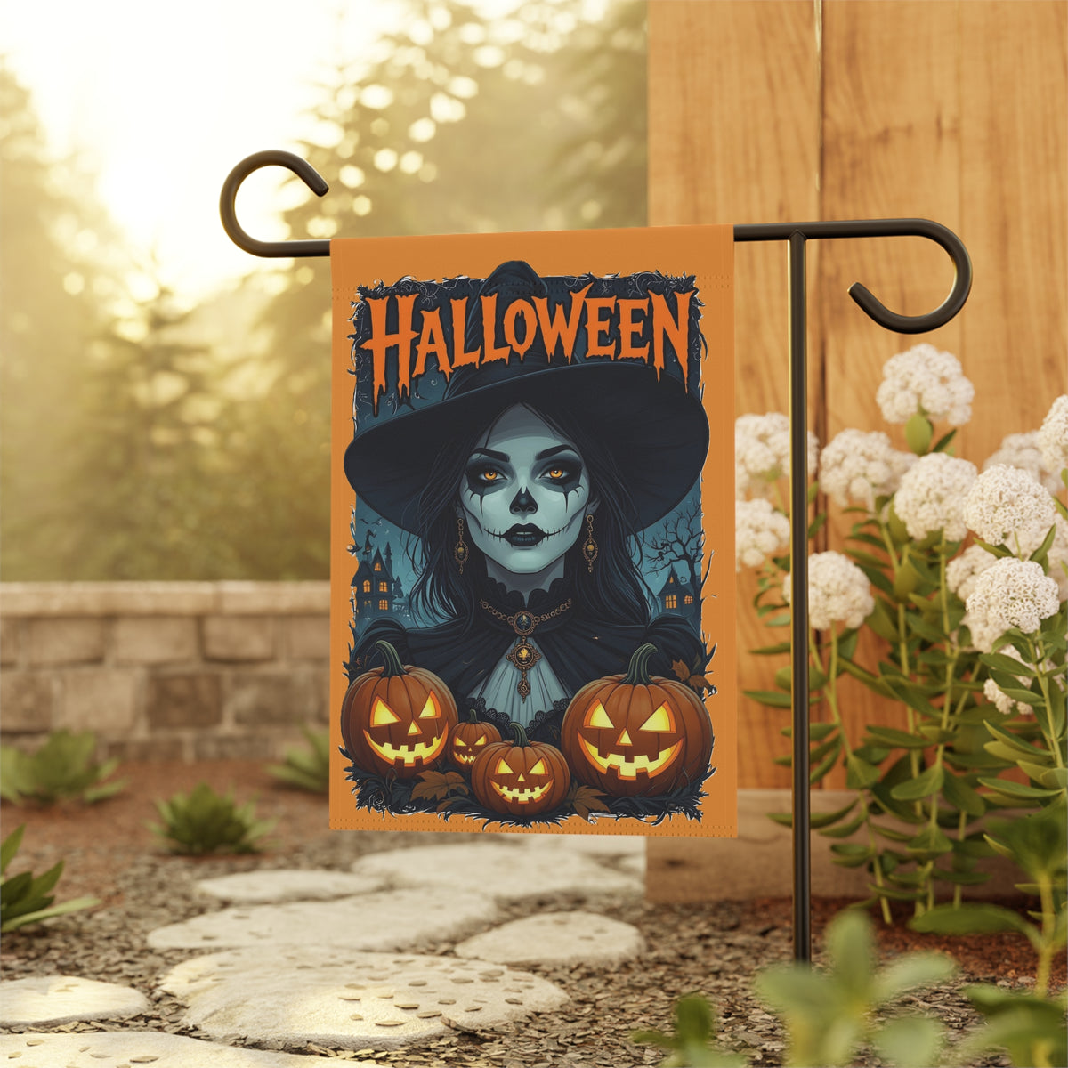 Spooky Witch with Jack-o'-Lanterns Garden Banner | Halloween Yard Flag