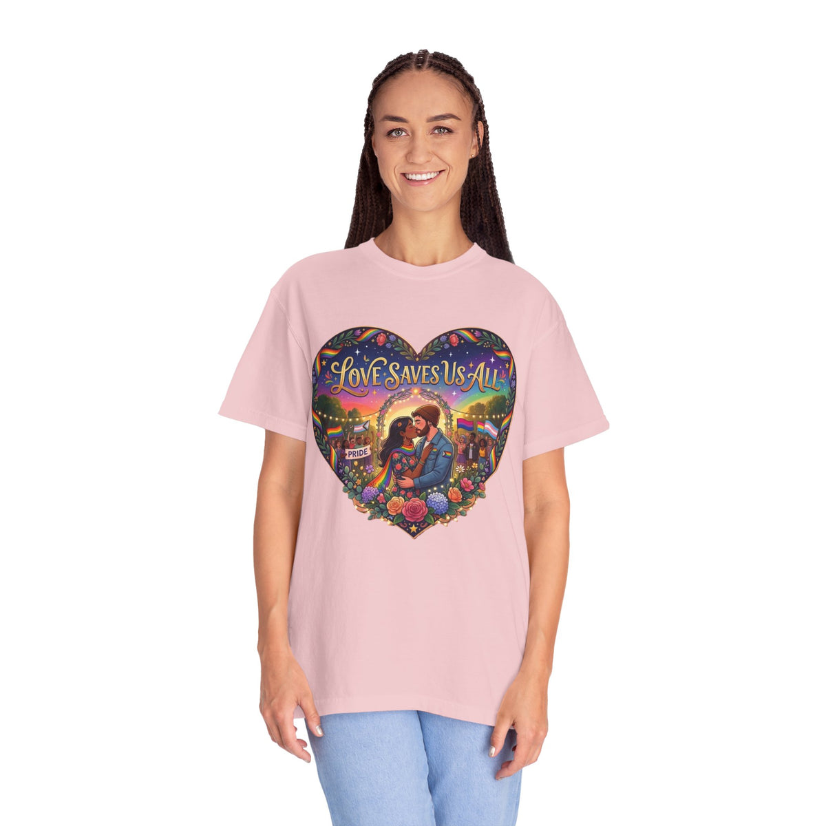 Love Saves Us All heart illustration LGBTQ T-shirt | Romantic couple, colorful sunset graphic scene tee