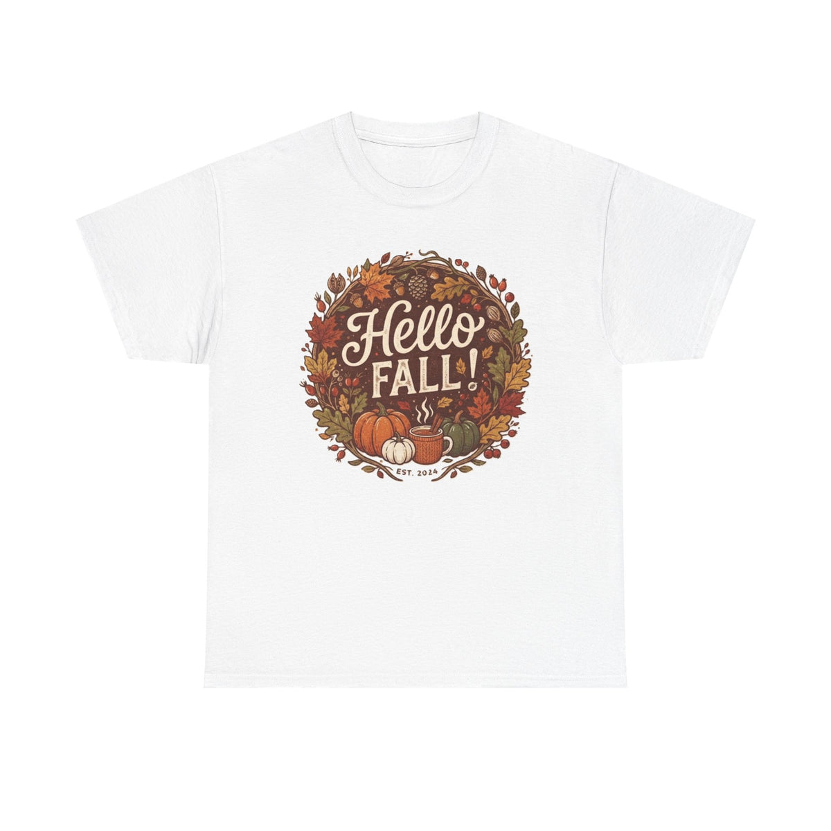 Hello Fall wreath Tee | Autumn pumpkins, leaves, cozy fall design