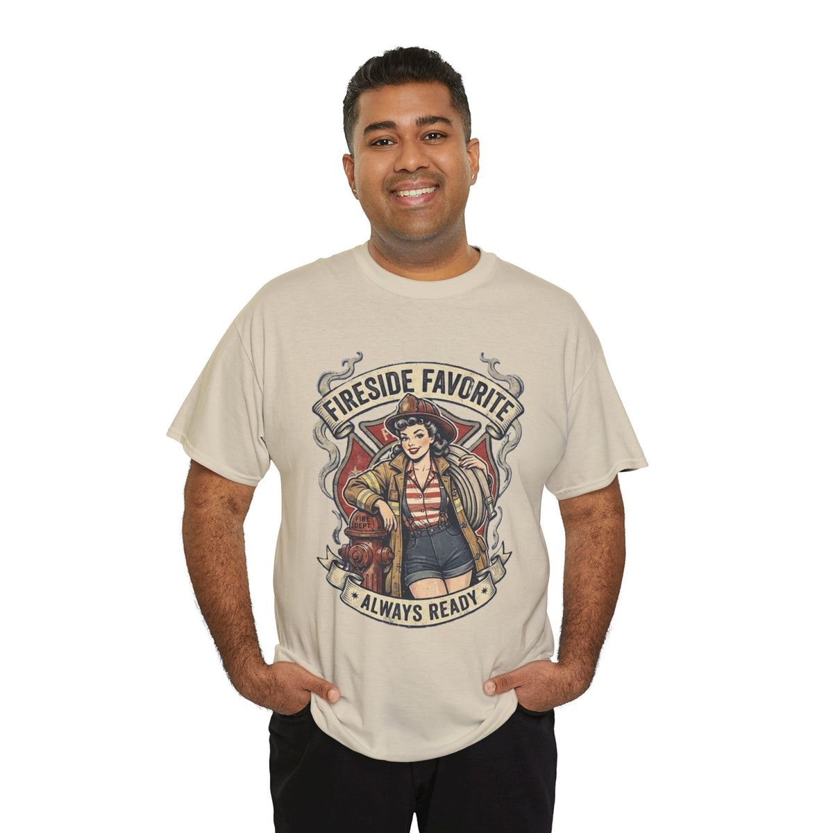 Fireside Favorite Pinup Firefighter Tee | Always Ready vintage badge