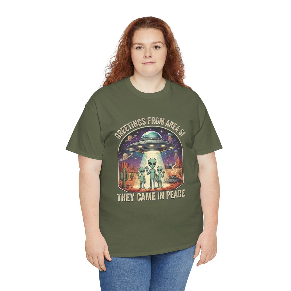 Greetings From Area 51 They Came In Peace Tee | Alien UFO Desert Scene