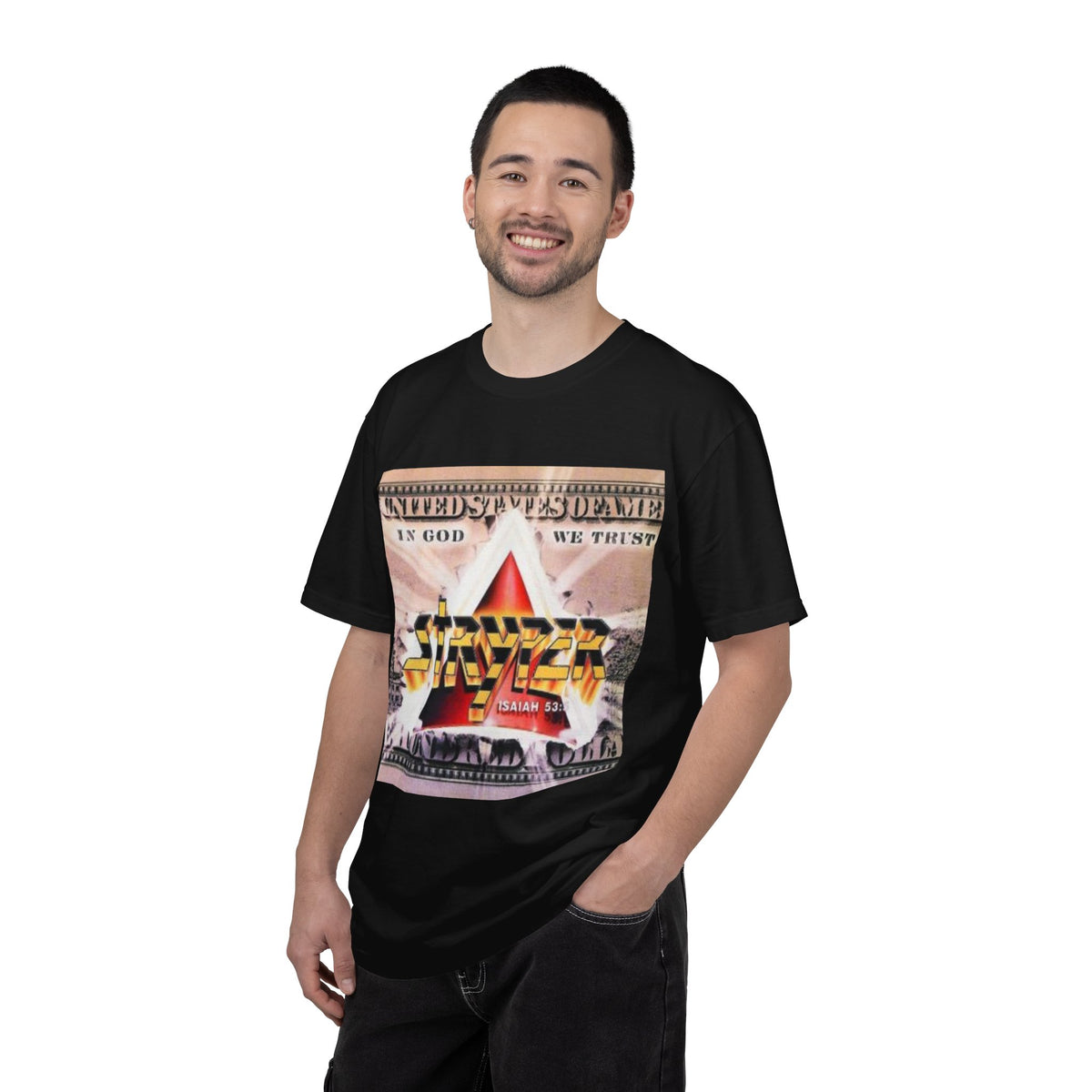 Stryper In God We Trust Album Artwork Graphic T-shirt | Retro Hard Rock Band Collage Tee