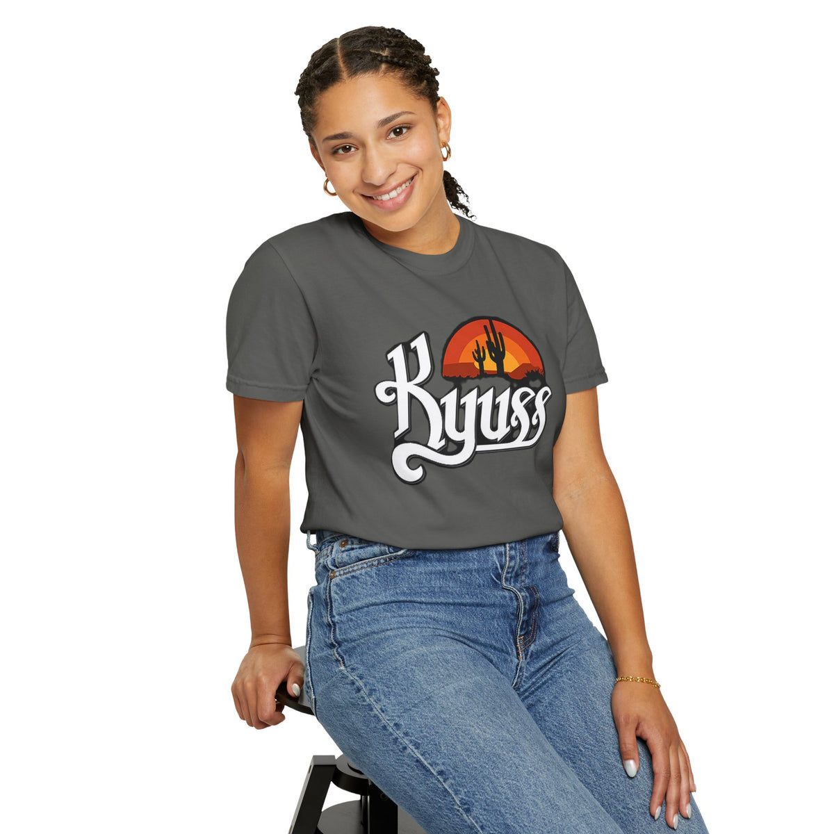 T-shirt Kyuss Desert Sunset Stoner Doom Desert Rock | Logo de groupe américain de Stoner Doom, silhouette de cactus