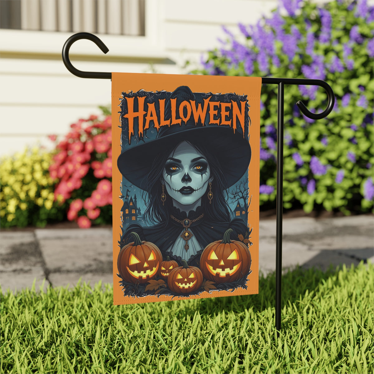 Spooky Witch with Jack-o'-Lanterns Garden Banner | Halloween Yard Flag