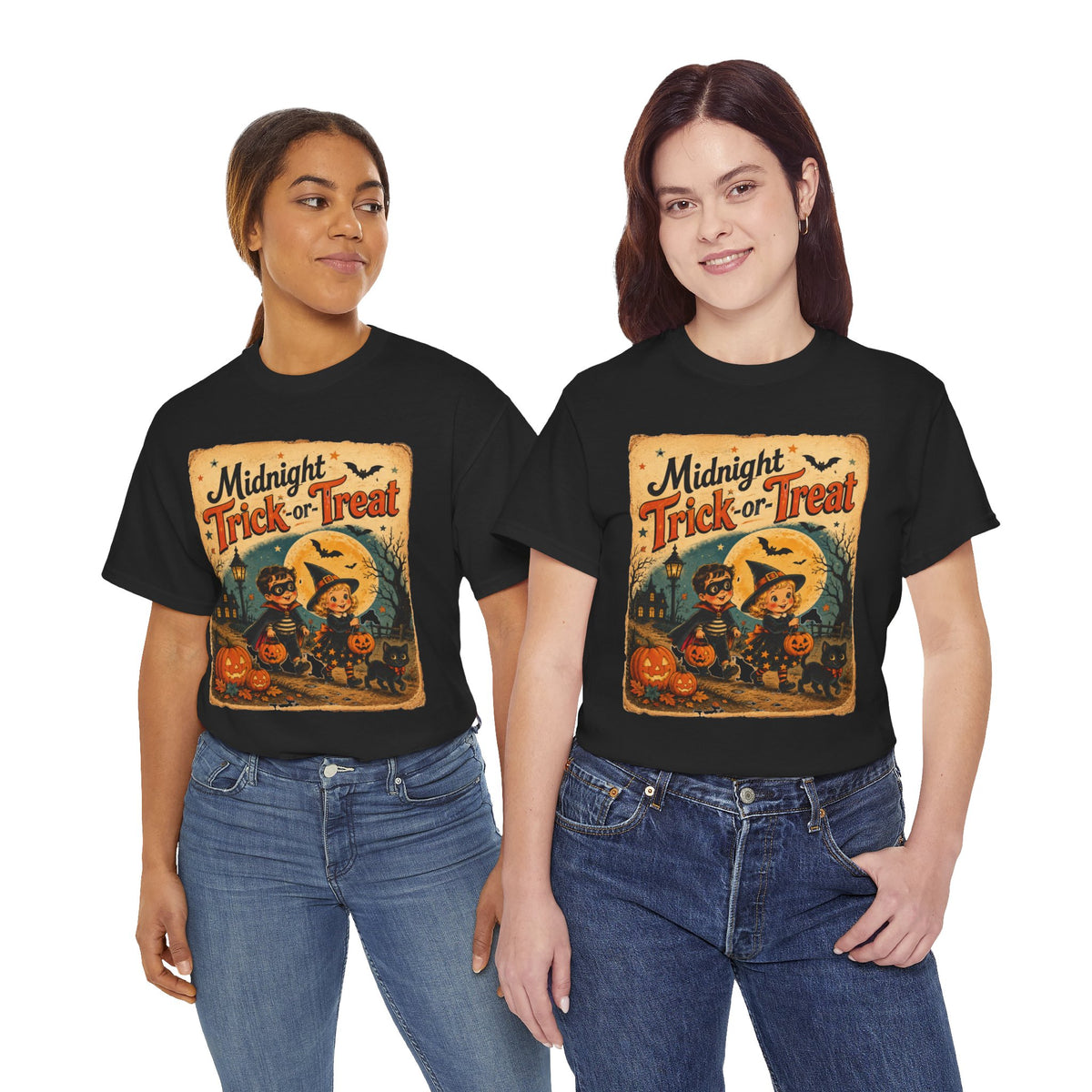 Camiseta de Halloween para niños "Midnight Trick-or-Treat" | Diseño vintage de gato y calabaza