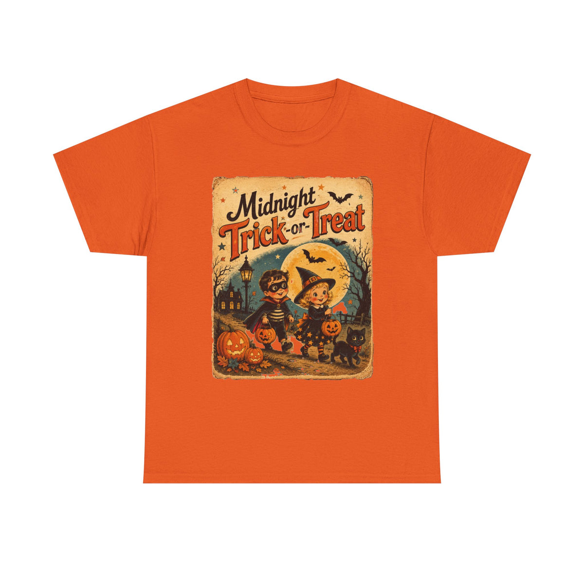 Camiseta de Halloween para niños "Midnight Trick-or-Treat" | Diseño vintage de gato y calabaza