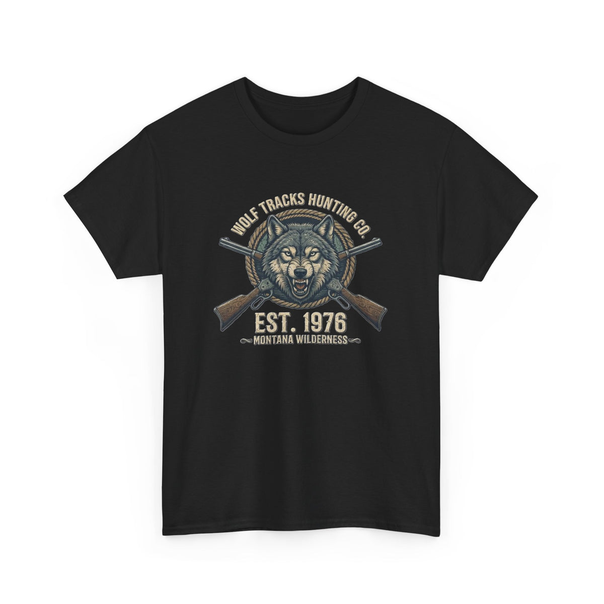 Wolf Head with Crossed Rifles T-Shirt | Hunting Club EST. 1976