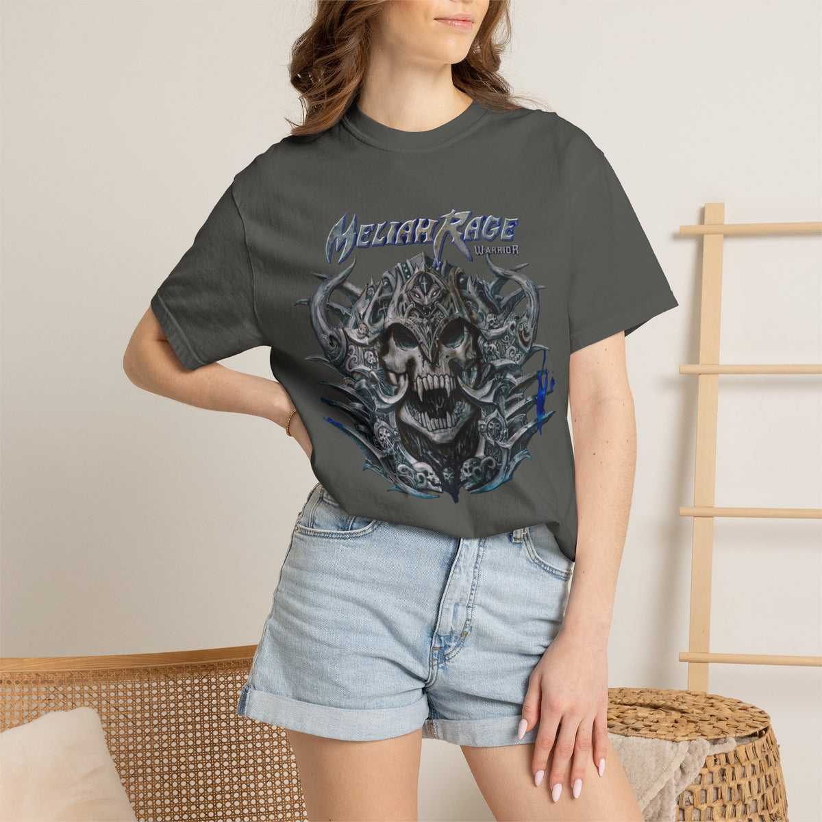 Camiseta con gráfico de calavera y cuernos de Meliah Rage | Arte de la banda estadounidense de heavy metal