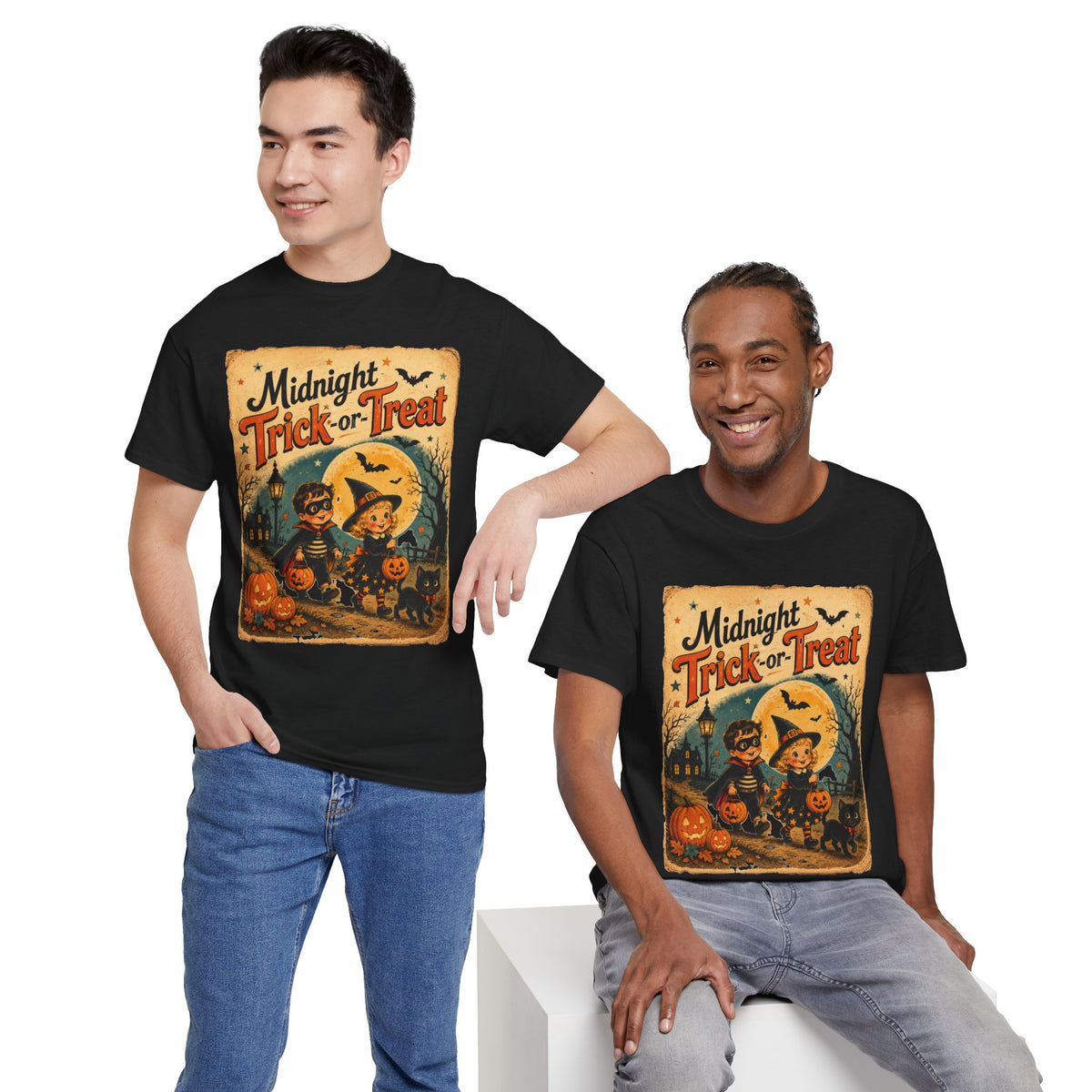 Camiseta de Halloween para niños "Midnight Trick-or-Treat" | Diseño vintage de gato y calabaza