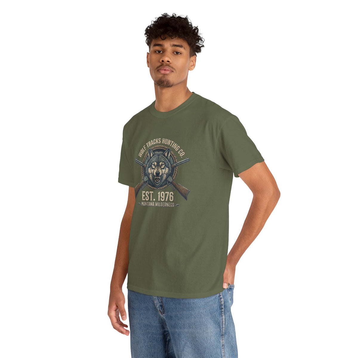 Wolf Head with Crossed Rifles T-Shirt | Hunting Club EST. 1976