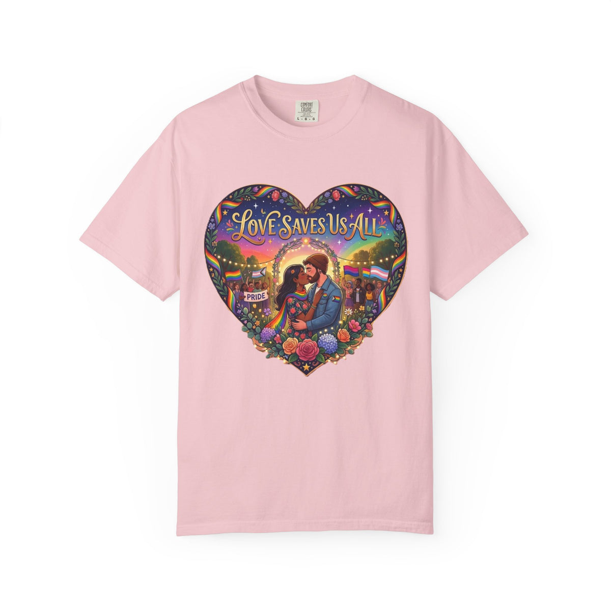 Love Saves Us All heart illustration LGBTQ T-shirt | Romantic couple, colorful sunset graphic scene tee