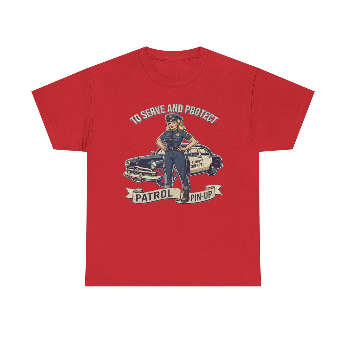Patrol Pin-Up Policewoman T-Shirt | To Serve and Protect Vintage Car Design