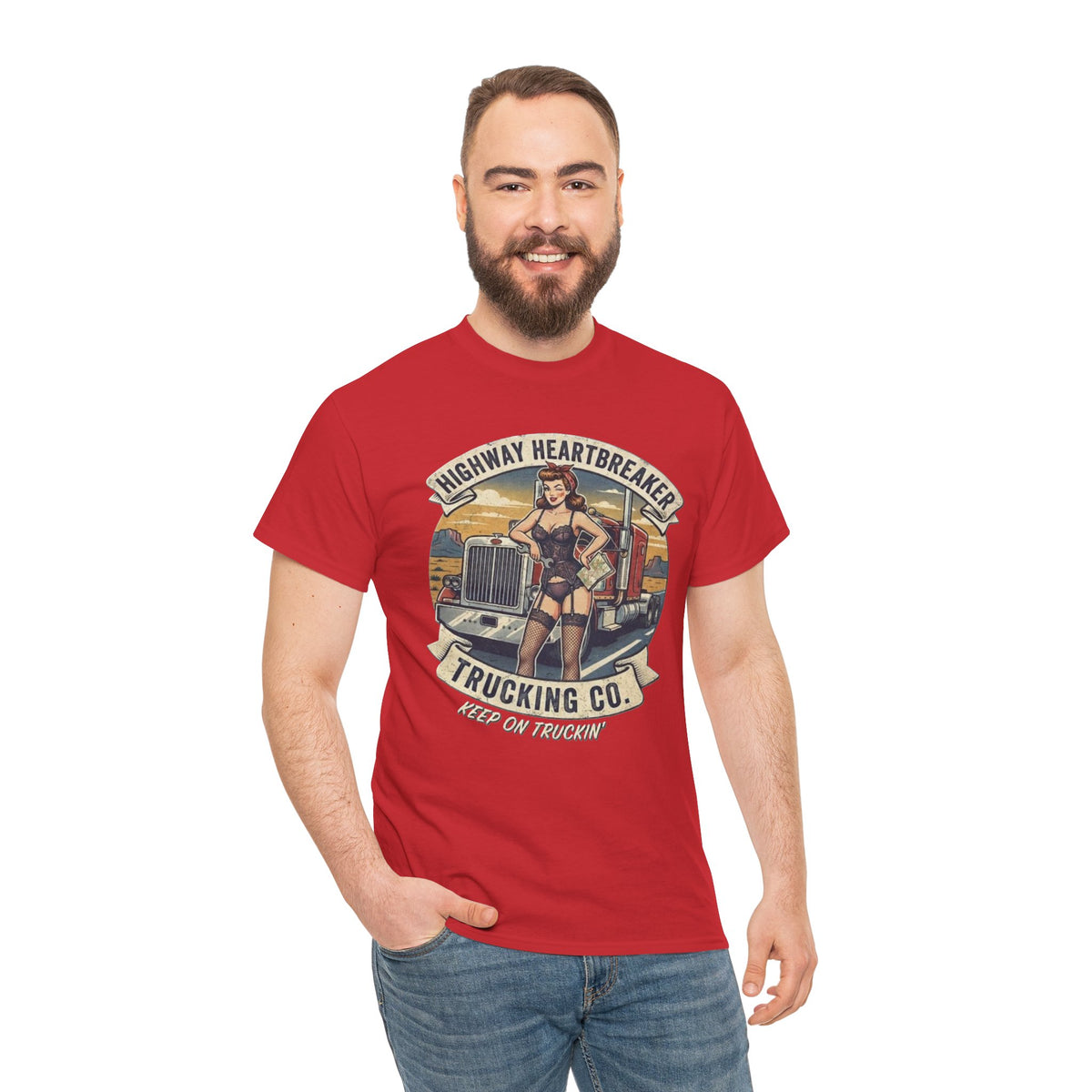 Highway Heartbreaker Trucking Co pinup girl T-Shirt | Trucker Rig Vintage Badge