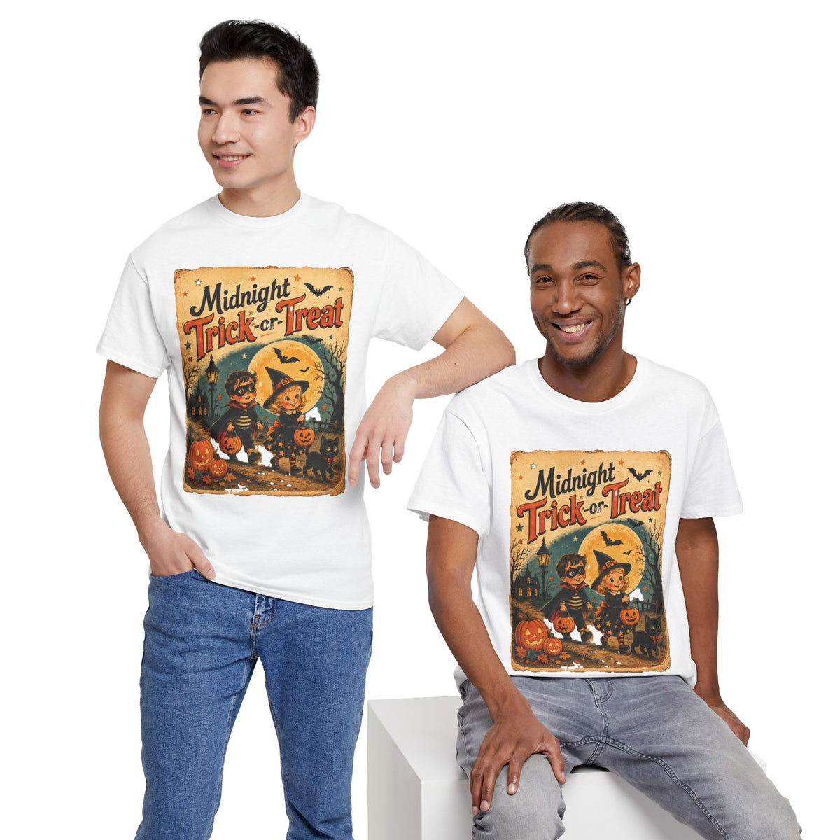 Camiseta de Halloween para niños "Midnight Trick-or-Treat" | Diseño vintage de gato y calabaza