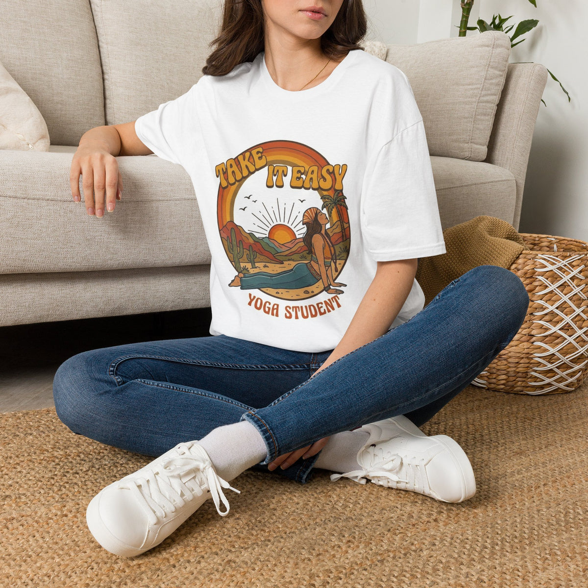 Take It Easy Yoga Student T-Shirt | Retro Sunset Surfing Pose