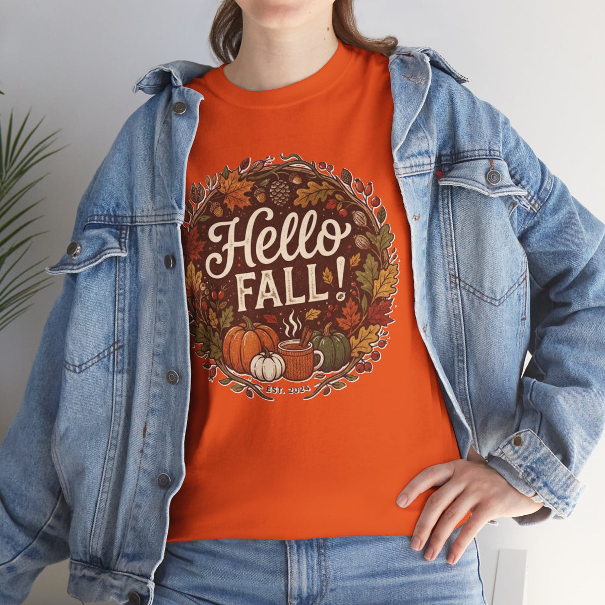 Hello Fall wreath Tee | Autumn pumpkins, leaves, cozy fall design