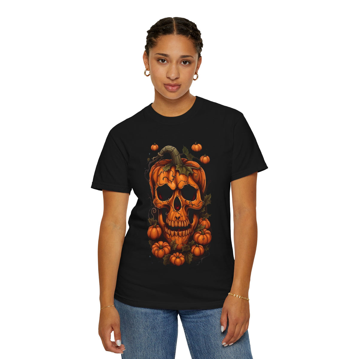 T-shirt tête de citrouille | Tee-shirt tête de mort citrouille, design citrouille d'Halloween