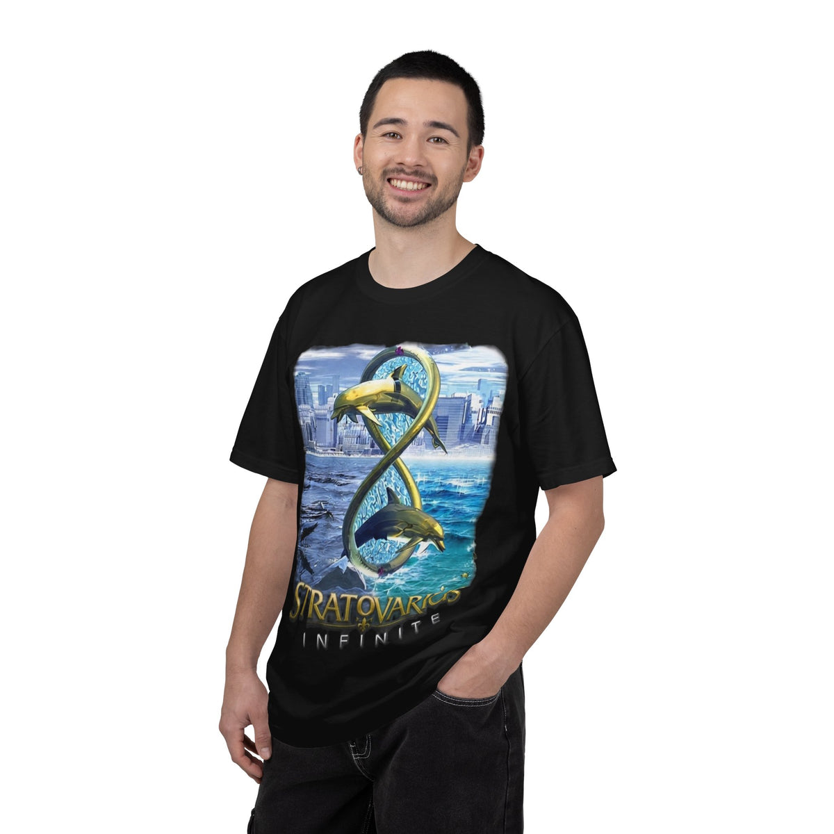 T-shirt Stratovarius Infinite avec logo dauphin | Illustration d'album de groupe de metal