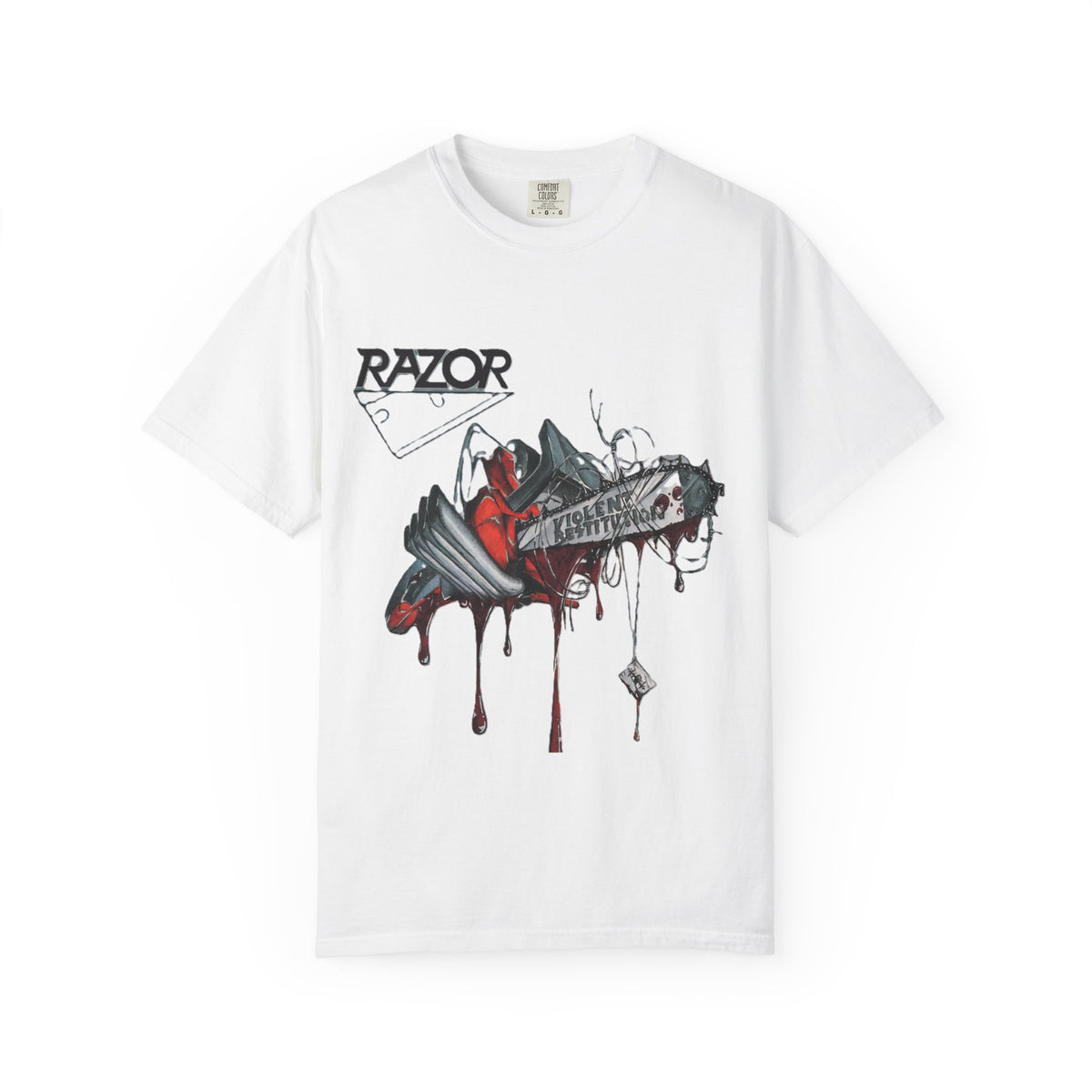 Camiseta de la banda de thrash metal Razor, diseño del álbum Violent Restitution con una motosierra goteando sangre