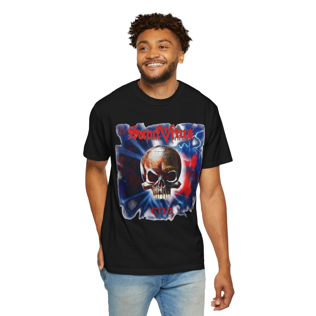 Saint Vitus Skull Graphic T-Shirt - Red Blue Gothic Artwork / Doom Metal Band Tee