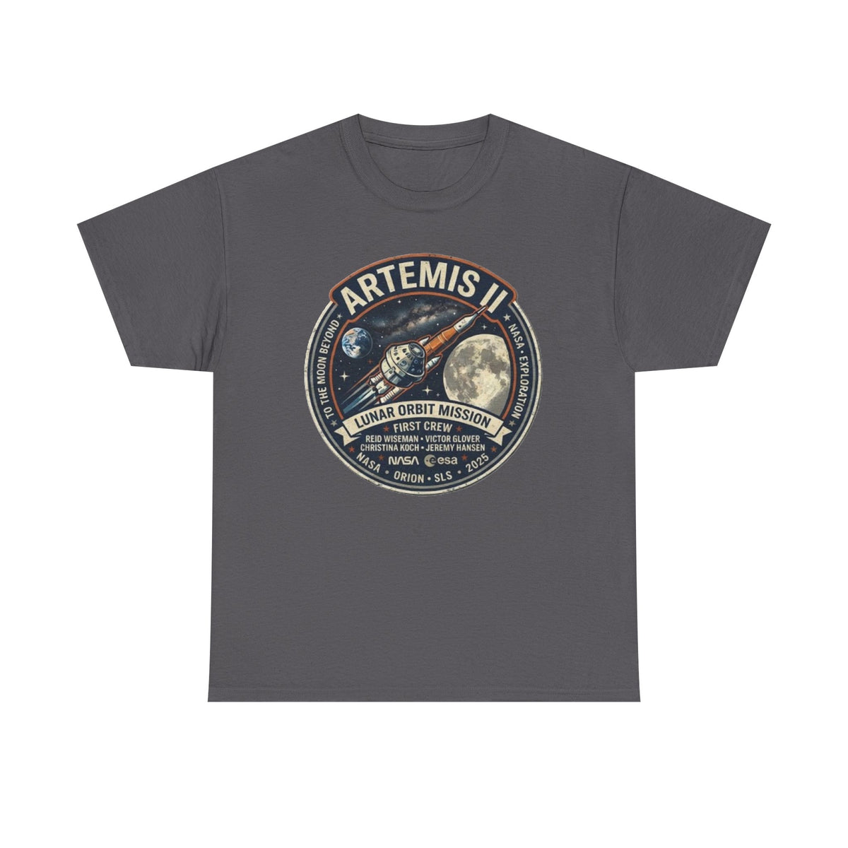 Camiseta de la misión de órbita lunar Artemis II | Gráfico del parche del cohete lunar