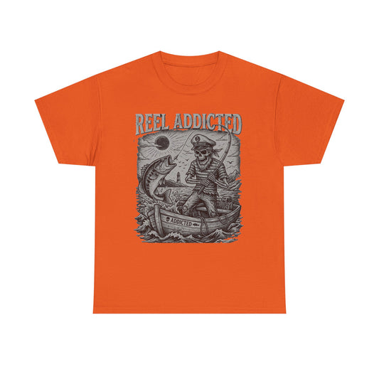 Reel Addicted Fishing Boat and Fisherman T-Shirt