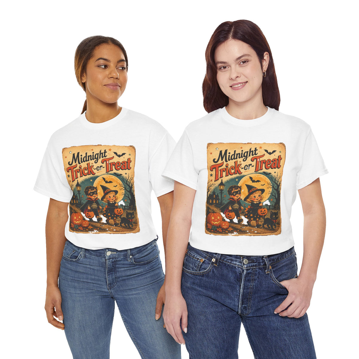 Camiseta de Halloween para niños "Midnight Trick-or-Treat" | Diseño vintage de gato y calabaza