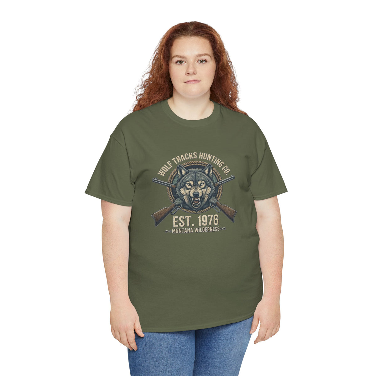 Wolf Head with Crossed Rifles T-Shirt | Hunting Club EST. 1976
