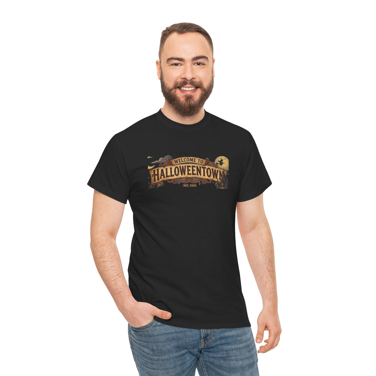 Halloweentown Illustration Double Sided T-Shirt | Spooky Village Nightscape